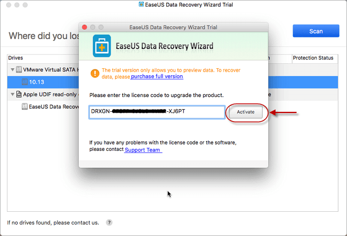 Enter EaseUS data recovery license code