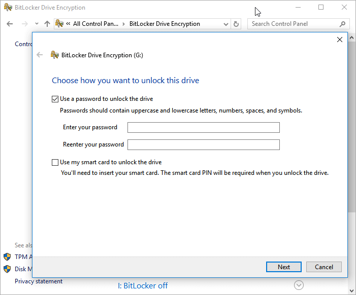 turn on BitLocker on storage device