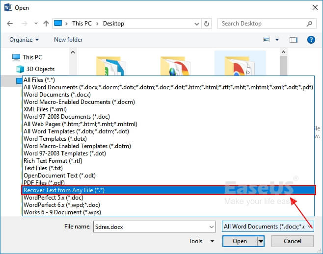 open repair word using text recovery converter