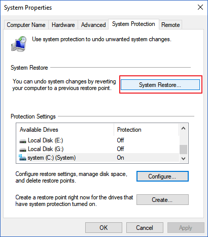open system restore points