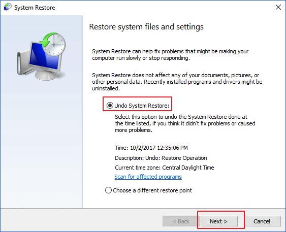 ใช้ตัวเลือก System Restore บนคอมพิวเตอร์เพื่อเลิกทำการ System Restore.