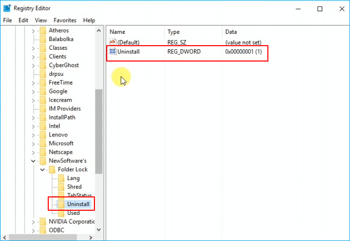 find folder lock uninstall key