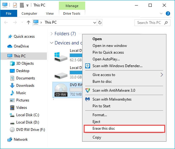 Erase CD or DVD Disc in Windows 10