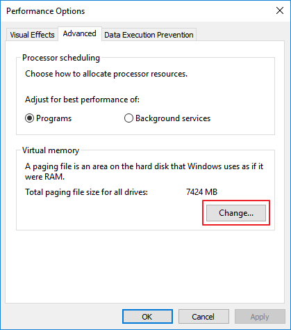 change virutal memory size