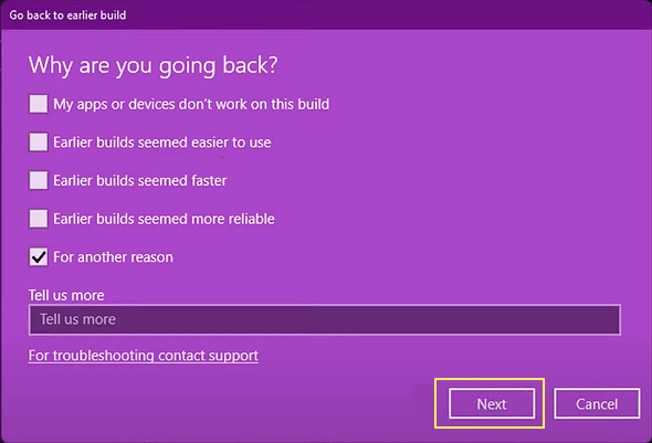 check reasons why do you want to revert windows 11