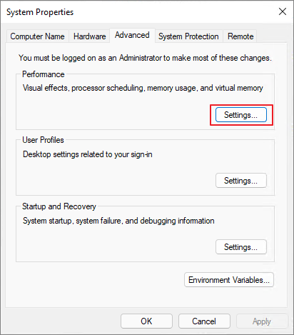 system properties advanced settings