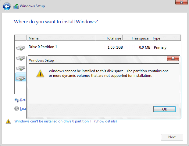 windows cannot be installed to disk 0 partition 1