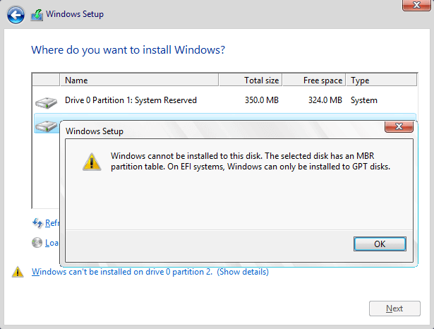 windows cannot be installed to mbr disk