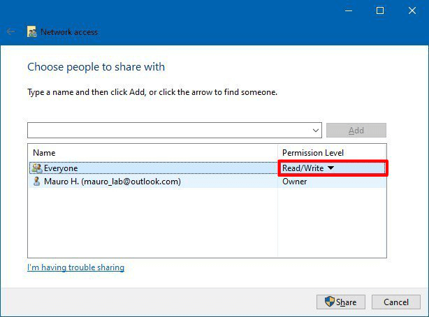 Set access permission on shared link