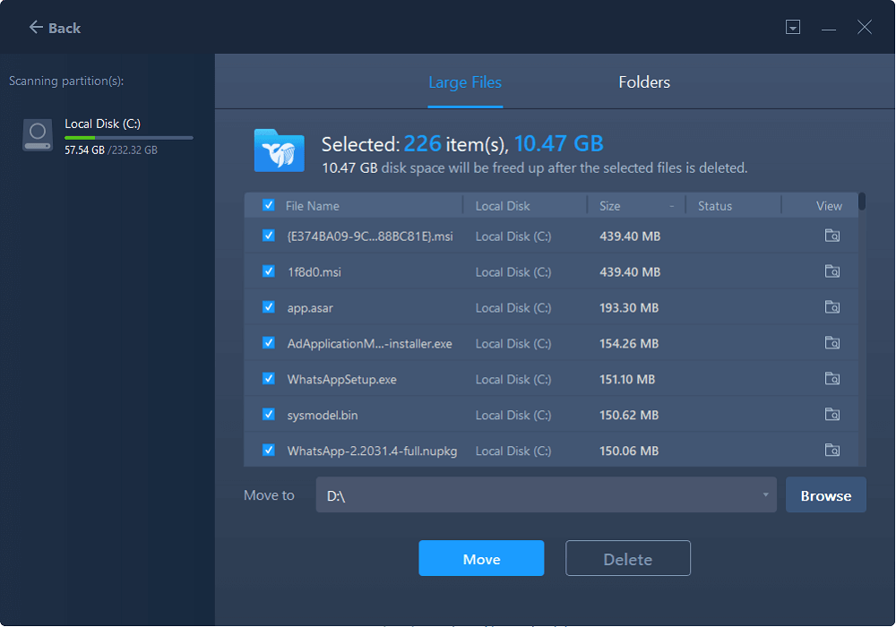 Select large files to delete