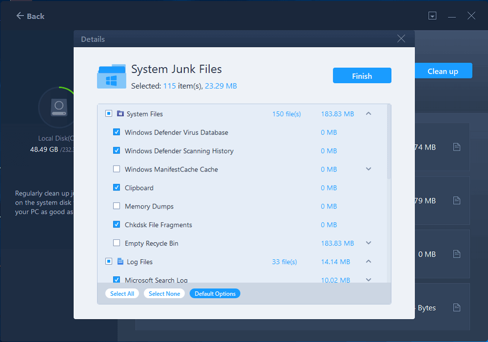 Select useless system files to cleanup