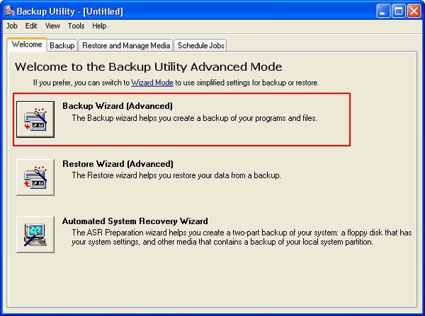 Back up files via Windows XP backup utility