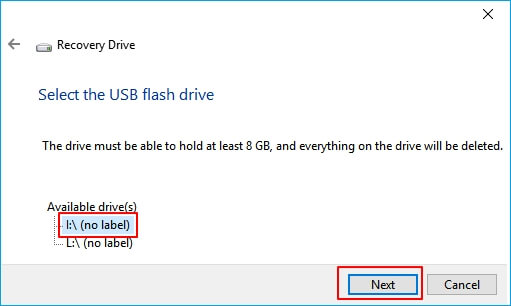 Select USB drive to create recovery drive